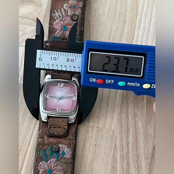 Fossil Ladies Watch Brown Embroidered Leather Strap Rectangular Pink Dial - Picture 10 of 12